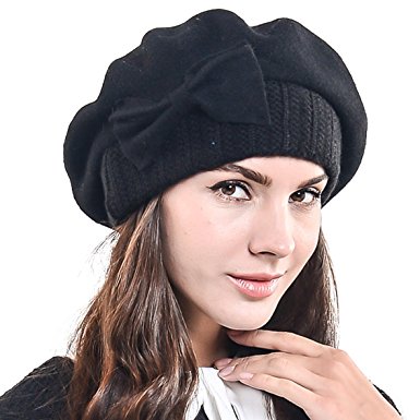 Lady French Beret Wool Beret Chic Beanie Winter Hat with Bow