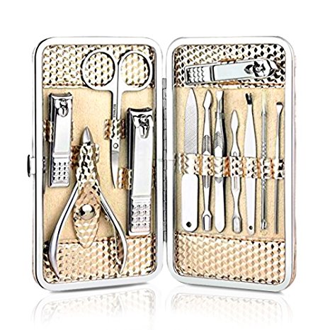 Nail Clippers Care Personal Manicure Pedicure Tools Kit Finger Toe Clipper Set with Scissors Calipers Filers Nippers Cuticle Pushers Cutters Trimmers Stainless Steel 12Pcs -- Coslife (Golden)