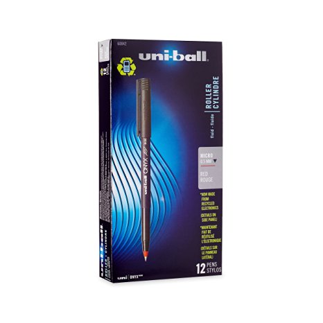 uni-ball Onyx Stick Roller Ball Pens, Micro Point, Red Ink, Pack of 12