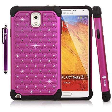 Galaxy Note 3 Case, Style4U Studded Rhinestone Crystal Bling Hybrid Armor Case Cover for Samsung Galaxy Note 3 N9000 N7200 with 1 HD Screen Protector and 1 Stylus [Purple / Black]