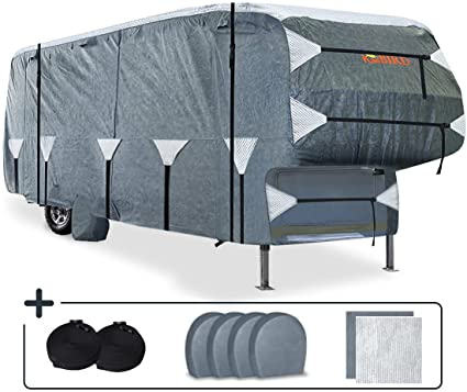 KING BIRD Upgraded 5th Wheel RV Cover, Extra-Thick 5 Layers Anti-UV Top Panel, Durable Camper Cover, Fits 28.5'-32.5' Motorhome -Breathable, WaterProof, Rip-Stop with 2Pcs Extra Straps & 4 Tire Covers