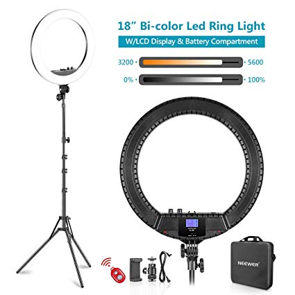 Neewer 18-inch Bi-Color LED Ring Light with LCD Display and Battery Holder, Max. 61.8inch Stand and Carry Bag Included for Live Stream Makeup Selfie YouTube Video Shooting (Battery NOT Included)