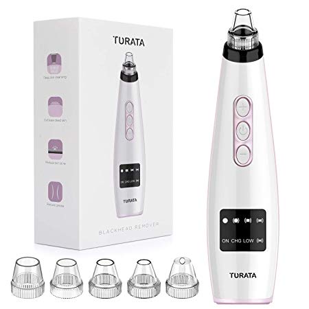 Blackhead Remover Vacuum, TURATA Facial Pore Cleanser Acne Comedones Extraction 5 Replaceable Heads Electric Skin Vacuum Suction Tool Rechargeable Blackhead Removal Kit For Nose Face