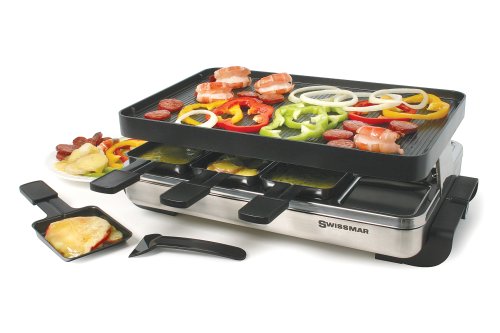 Swissmar KF-77080 Stelvio 8-Person Raclette Party Grill with Reversible Cast Aluminum Non-Stick Grill Plate/ Crepe Top, Brushed Stainless Steel