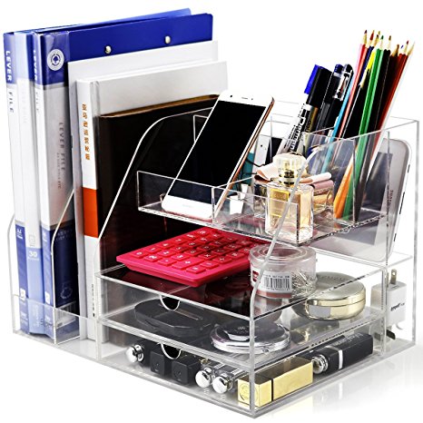 DYCacrlic Multi-function Desk Organizer for Office/School/Home Accessories Organization,Acrylic,Clear Desk File Organizer Large Storage For Women Student Office Wokers