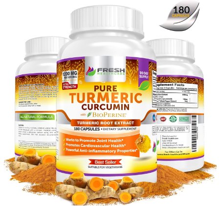 TURMERIC CURCUMIN BioPerine w 95 Curcuminoids 10030 3 MONTH SUPPLY 10030 Extremely Potent Anti Inflammatory and Anti Oxidant Benefits for Pain Relief and Health 10030 180 Vegan Powder Capsules by Fresh Healthcare