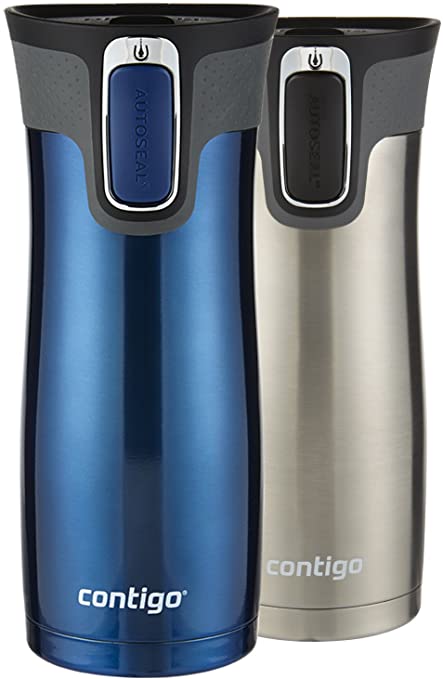 Contigo AUTOSEAL West Loop Stainless Steel Travel Mug with Easy-Clean Lid, 16-Ounce, Stainless Steel/Monaco Blue, 2-Pack