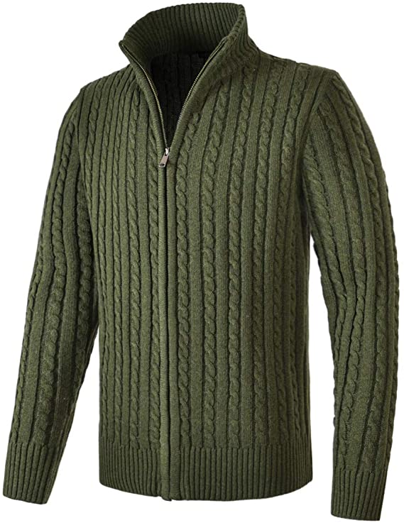 VOBOOM Men Cable Knitted Cardigan Stand Collar Sweater Jacket