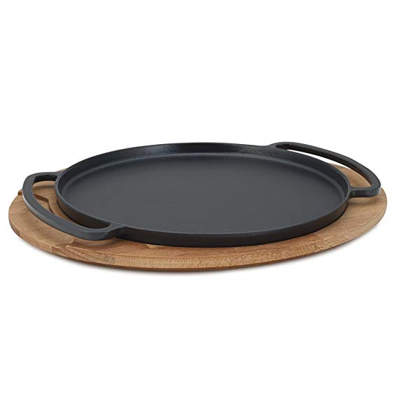 Enameled Cast Iron Round Griddle Tortilla Comal Small Pizza Pan with Wooden Trivet Serving Tray 11 Inch