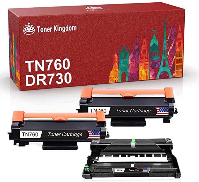 Toner Kingdom Compatible Toner Cartridges and Drum Unit Replacement for Brother TN-760 DR730 TN760 DR-730 for Brother HL-L2350DW MCF-L2730DW DCP-L2550DW (2 Black Toners, 1 Drum Unit)
