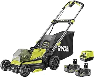 RYOBI 18 V ONE  Brushless Akku-Rasenmäher RY18LMX40C-240 (Schnittbreite 40 cm, 7-fache Höhenverstellung 25-75 mm, Flächen bis 600m², Variables Griffgestänge inkl. Mulchkeil, 2x4,0Ah Akku & Ladegerät)