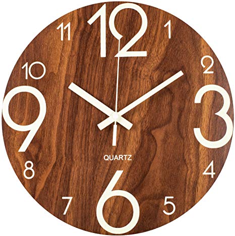 BEW Luminous Wall Clock, Large Numerals and Clock Hands Glow-in-Dark, Silent Non-Ticking Battery Operated Vintage Wooden Decorative for Living Room/Dining Room/Kids Bedroom/Kitchen (12 Inch)