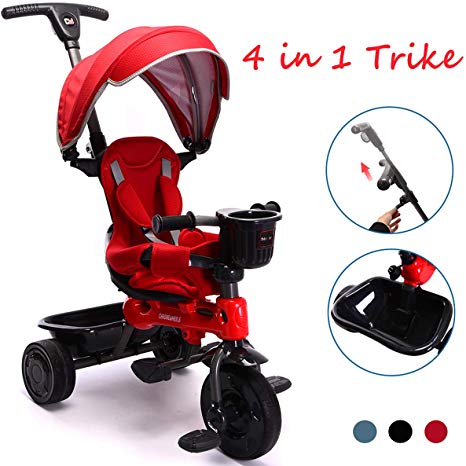 ChromeWheels 4-in-1 Kids’ Trike & Stroller, Adjustable Height Push Ride Tricycle for 9 Months - 5 Year Old