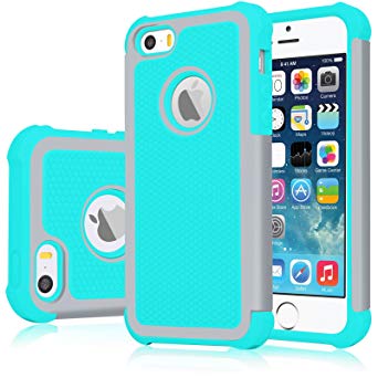 iPhone SE Case, iPhone 5S Cover, Jeylly Shock Absorbing Hard Plastic Outer   Rubber Silicone Inner Scratch Defender Bumper Rugged Hard Case Cover Apple iPhone SE/5S - Grey&Turquoise