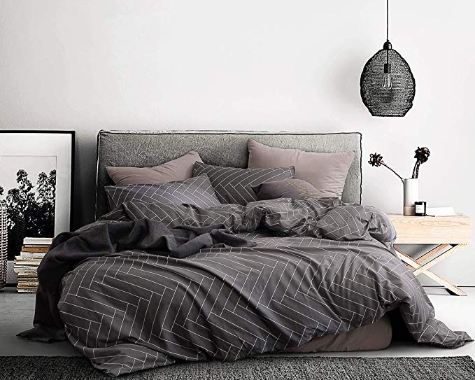 ECOCOTT 3 Pieces Duvet Cover Set Queen 100% Natural Cotton 1 Duvet Cover 2 Pillowcases, Dark Grey and White Herringbone Printed Pattern Soft Cozy Luxury Breathable and Durable Bedding Set