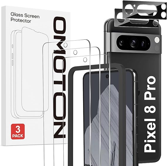 OMOTON Google Pixel 8 Pro Screen Protector with Camera Lens Protector, Tempered Glass Film for Google Pixel 8 Pro, Support Fingerprint Unlock, Anti-Scratch, 9H Hardness, HD Clear, 3 2 Pack