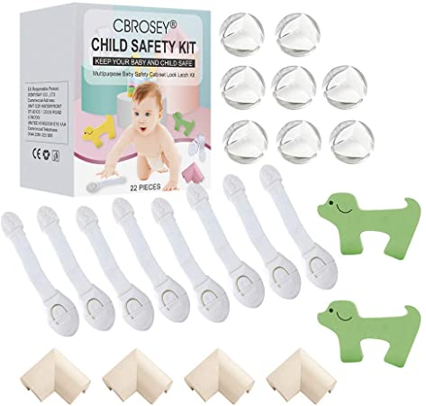 Baby Proofing Kit,Baby Safety Kit,8 Child Safety Cupboard Locks,12 Table Corner Protectors,2 Door Stoppers,Baby Home Safety Protectors Kit