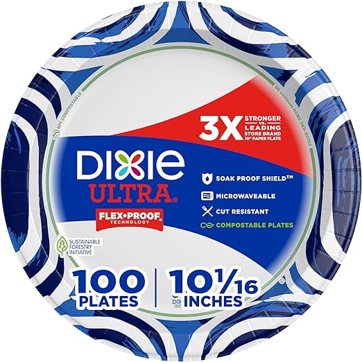 Dixie Ultra, Large Paper Plates, 10 Inch, 100 Count, 3X Stronger*, Heavy Duty, Microwave-Safe, Soak-Proof, Cut Resistant, Great for Heavy, Messy Meals