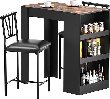 VECELO Small Bar Table and Chairs Tall Kitchen Breakfast Nook with Stools/Dining Set for 2, Storage Shelves, Space-Saving, Black