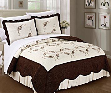 Serenta Classic Embroidery Prewashed Chocolate Chrysanthemum Microfiber Cotton Filled Bedspread/Quilt Blanket 3 Pieces Bed Set (Queen),