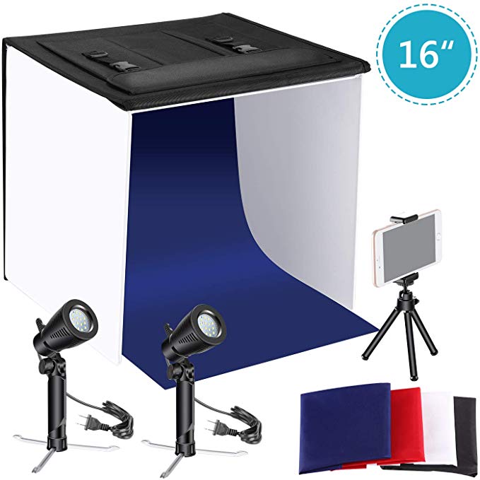 Neewer 16x16 inches Table Top Photography Studio Lighting Light Tent Kit with Foldable Shooting Box, (2) Led Light, Mini Tripod, Phone Holder, 4 Color Backdrops for Product Shooting Advertising