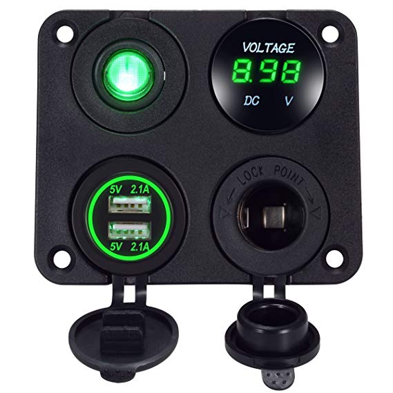 YonHan 4 in 1 Multi-function Charger Panel, Including Dual USB 4.2A(2.1A & 2.1A) Charger, LED Voltmeter, 12V Power outlet, ON-OFF Toggle Switch for Car Marine Boat RV Truck Camper Vehicles - Green