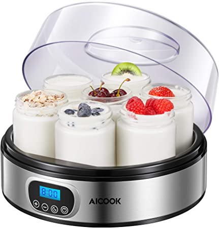 Yoghurt Maker, Electric Yogurt Makers Machine with 7 Glass Jars (1400ml) and Recipes, Easy Use Yoghurt Maker with Auto Switch-Off Settings, Adjustable Timer, LCD Display