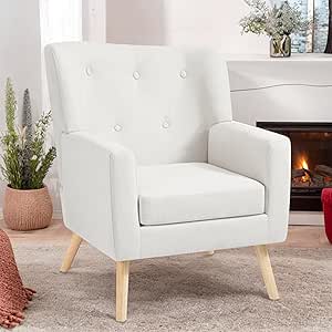 PrimeZone Mid-Century Modern Accent Chair - Comfy Fabric Living Room Chair, Reading Chair with Button Tufted Design & Wing Back, Cozy Upholstered Armchair for Bedroom, Corner, Waiting Room, Beige