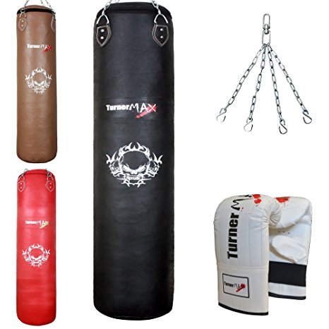TurnerMAX Genuine Cowhide Leather Boxing Punch Bag Heavy FILLED with Free Chain and Bag Gloves Kickboxing punching bag