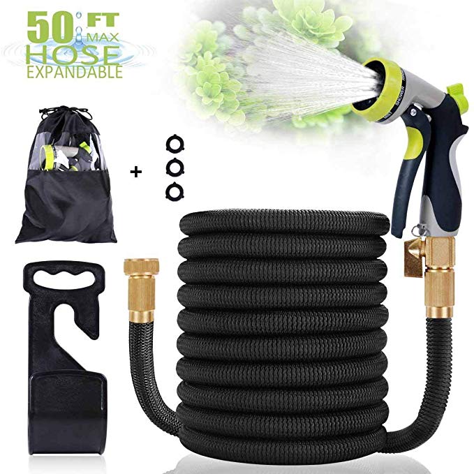 Garden Hose 50ft Water Hose Flexible Garden Hose Expandable Hose with Double Latex Core Extra Strength Fabric 3/4" Solid Brass Fittings with High Pressure Metal 8 Function Spray Nozzle