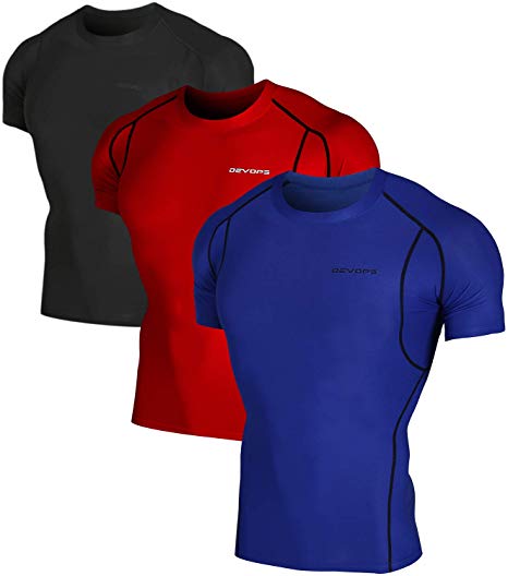 DEVOPS Men's 3 Pack Cool Dry Athletic Compression Short Sleeve Baselayer Workout T-Shirts