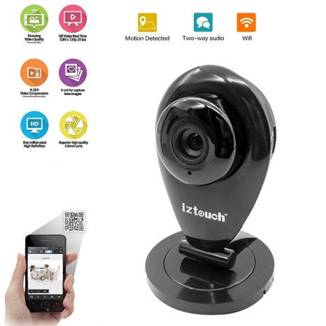 iZtouch IZSP-009A Black 1280x720P HD H.264 Wireless IP Camera with Two-Way Audio IR-Cut Filter Night Vision QR Code Scan Phone remote monitoring supported