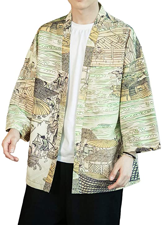 PRIJOUHE Men's Kimono Cardigan Jacket Japanese Style Flying Crane Seven Sleeves Open Front Coat