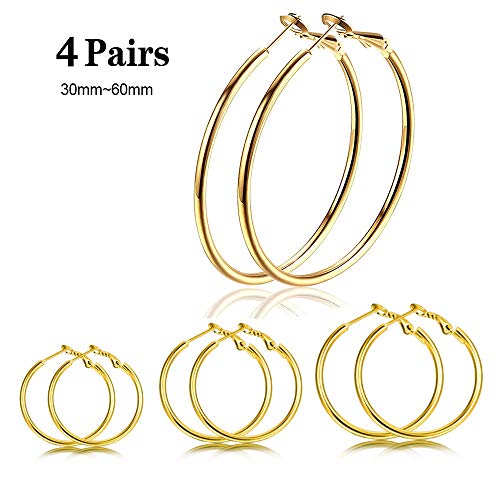 LOLIAS 4 Pairs Round Hoop Earrings for women Stainless Steel Rose Gold Large Hoop Earring set