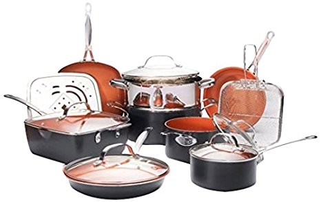 Gotham Steel Ultimate 15 Piece All in One Chef’s Kitchen Set with Non-Stick Ti-Cerama Copper Coating – Includes Skillets, Fry Pans, Stock Pots, Deep Square Pan with Fry Basket and Shallow Square Pan