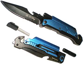 Blue 7 In 1 Rescue Survival Knife LED Flashlight   Glass Breaker   Fire Starter   Seat Belt Cutter   Bottle Opener   Sharpener