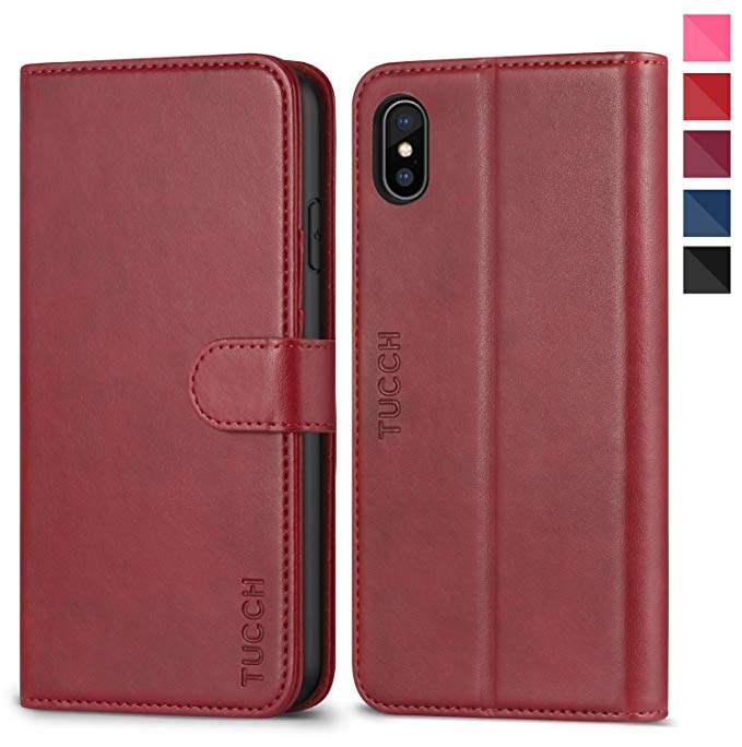 iPhone XS Case, iPhone XS Wallet Case, TUCCH iPhone XS Leather Case with Auto Wake/Sleep, Wireless Charging, RFID Blocking, Kickstand, Card Slots, Folio Flip Cover compatible with iPhone XS(5.8'')-Red