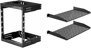 StarTech.com 2-Post 12U Heavy-Duty Wall Mount Network Rack, 19" Open Frame Server Rack & Pyle 2-Pc 1U Server Rack Shelf, Vented Shelves for Good Air Circulation, Cantilever Mount