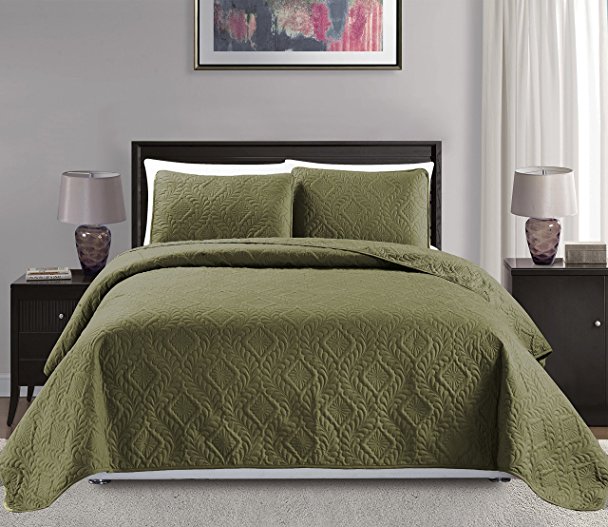 Mk Collection King/California king over size 118"x106" 3 pc Diamond Bedspread Bed-cover Embossed solid Sage Green New