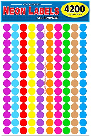 Pack of 4200 3/4" Round Color Coding Circle Dot Labels, 10 Bright Neon Colors, 8 1/2" x 11" Sheet, Fits Any Printer