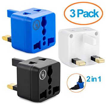 USA to UK Plug Adapter by Yubi Power 2 in 1 Universal Travel Adapter with 2 Universal Outlets - Black Blue White 3 Pack - Type G for United Kingdom, England, Hong Kong, Ireland, Scotland, and more