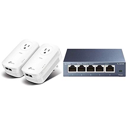 TP-Link AV2000 Powerline Adapter - Gigabit Port, Ethernet Over Power, Plug&Play, Power Saving, MU-MIMO, Noise Filtering(TL-PA9020P KIT) & 5 Port Gigabit Ethernet Network Switch (TL-SG105)