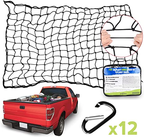 moveland 4'x6' Heavy Duty Pickup Truck Cargo Bungee Net Stretches to 8'x12' with Premium Carabiners Clips - 4x4 Inch Mesh Holes Truck Bed Cargo Net Small and Large Loads Tighter