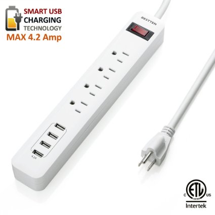 Surge Protector Power Strip with 4 USB Charging Ports and 4 Outlets Wall Mount Holes 6-foot Heavy Duty Cord by BESTTEN