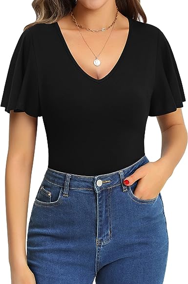 MANGOPOP Womens Deep V Neck Ruffle Short Sleeve Long Sleeve Tops Sexy Bodysuit for Women Clothing