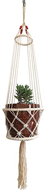 4 Legs Macrame Beige Cotton Plant Holders with Bamboo Ring Inside and Brown Wood Bead Decoration . Beige Color, 25-inches Length