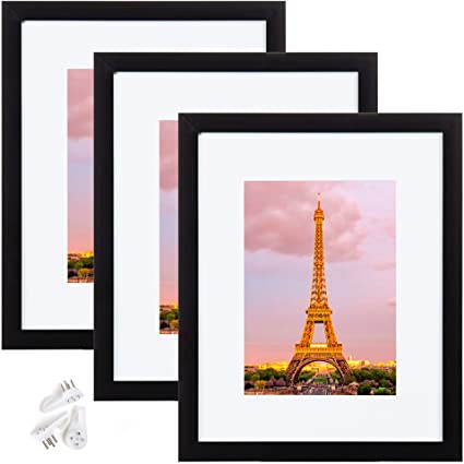 upsimples 8x10 Picture Frame Set of 3,Made of High Definition Glass for 5x7 with Mat or 8x10 Without Mat,Wall Mounting Photo Frame Black