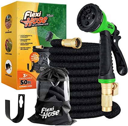 Flexi Hose Plus with 8 Function Nozzle Expandable Garden Hose, Lightweight & No-Kink Flexible Garden Hose, 3/4 inch Solid Brass Fittings and Double Latex Core, 50 ft Black