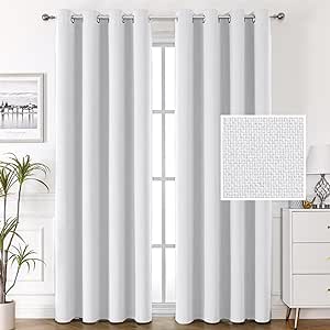 H.VERSAILTEX 100% Blackout Linen Look Curtains Thermal Curtains for Living Room Textured Burlap Curtains with Double Face Linen Grommet Soundproof Bedroom Curtains 52 x 96 Inch, 2 Panels - White