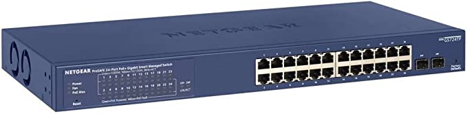 NETGEAR 24-Port Gigabit Ethernet Smart Managed Pro PoE Network Switch (GS724TP) - Hub with 24 x PoE  @ 190W, 2 x 1G SFP, Desktop/Rackmount, and ProSAFE Protection, Black, grey